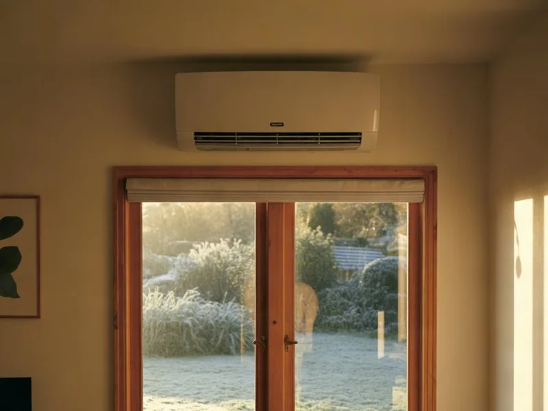 A heat pump above a window in a cosy lounge on a frosty morning